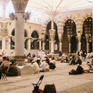 People pray in a beautiful mosque.
