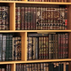 Bookshelf filled with beautifully bound, aged books.